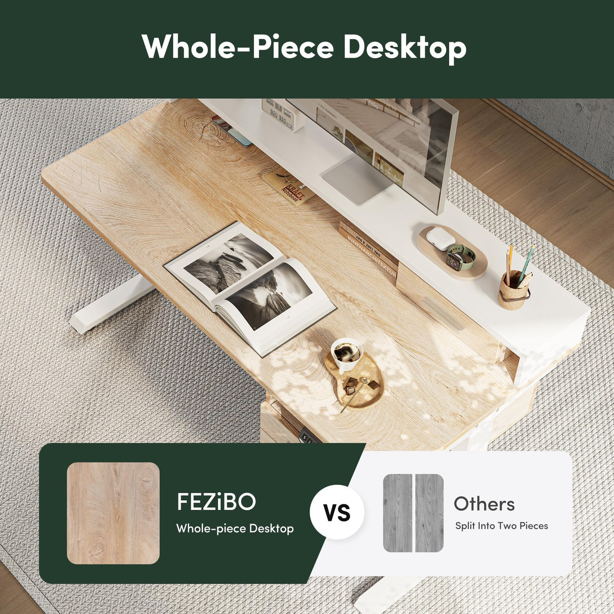 FEZIBO Electric Standing Desk 48 x 24 Inch with Monitor Shelf, 3 Drawers and Open Storage, Home Office Computer Workstation, Maple, 2 Packages FEZIBO