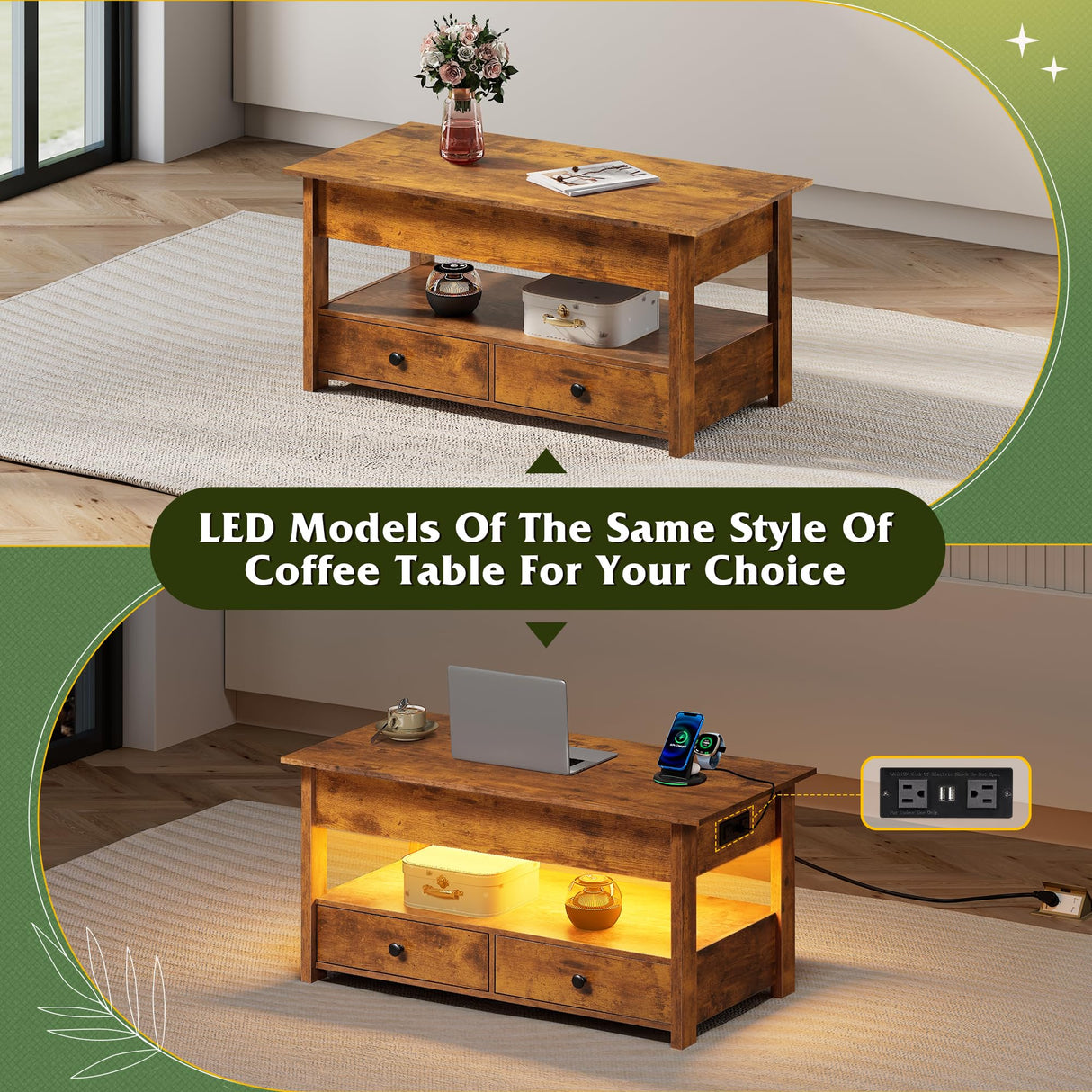 WLIVE Coffee Table, Lift Top Coffee Table with 2 Drawers, LED Light, Large Hidden Compartment and Open Shelf, Lift Tabletop, Dining Table for Living Room, Rustic Brown WLIVE