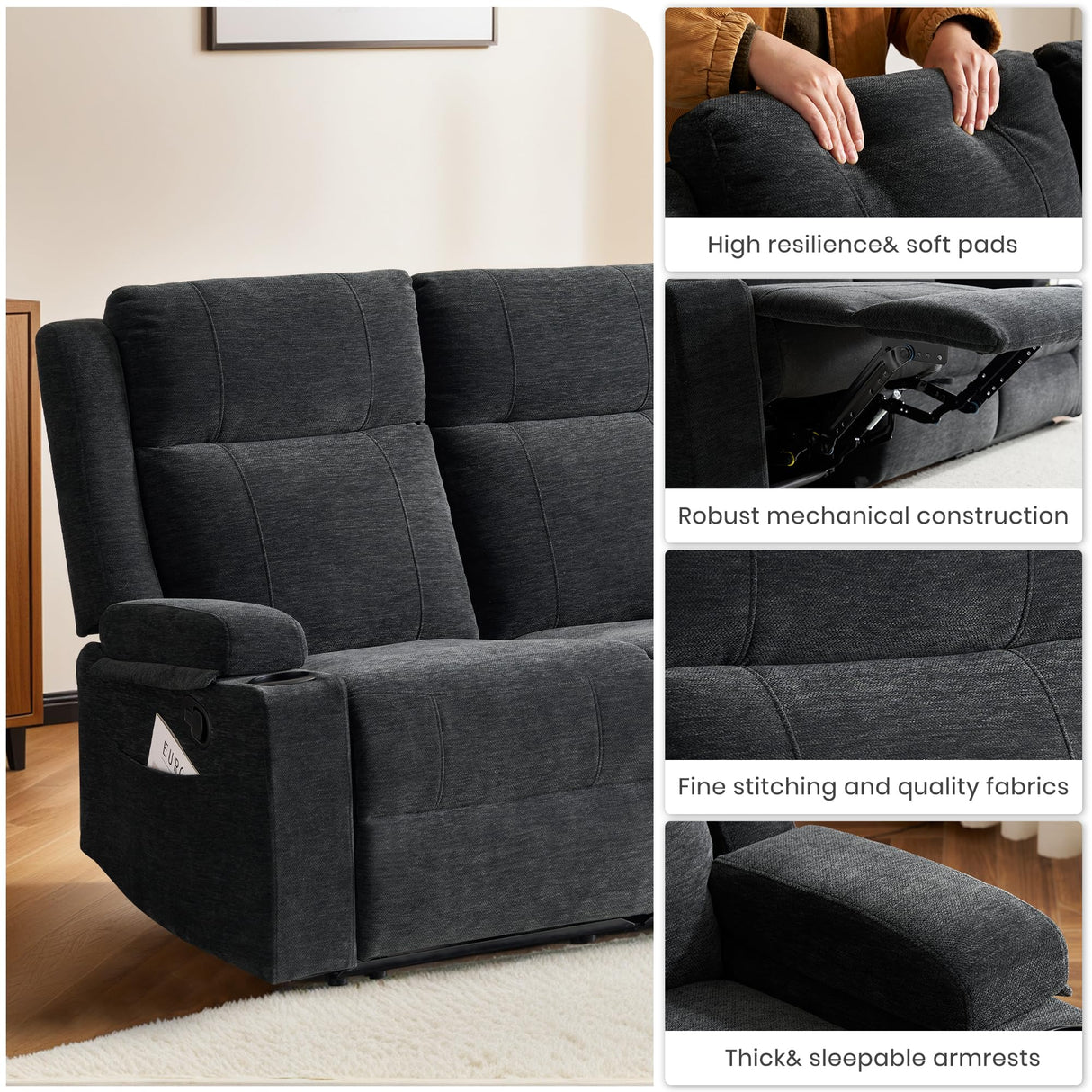 LURVIA 55" RV Loveseat Recliner – Space-Saving Double Reclining RV Sofa, Compact Theater Seating with Cup Holders & Storage Pocket, Black Chenille Couch for Camper, Motorhome & Home Theater LURVIA