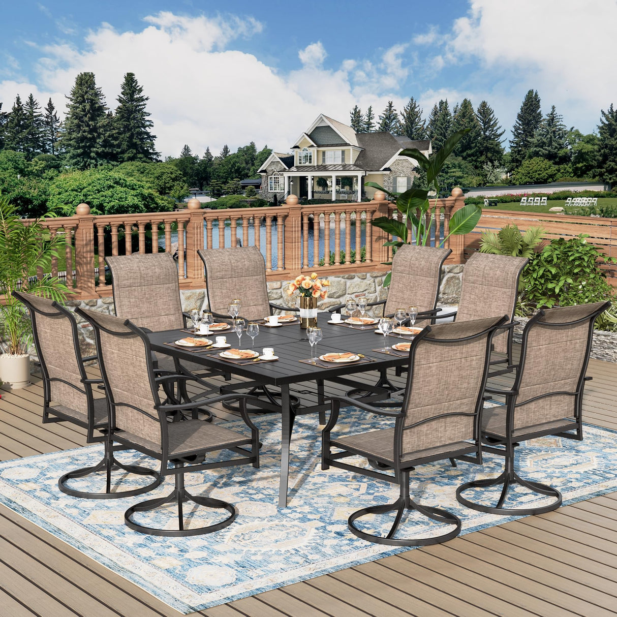 MIXPATIO 9 Pieces Patio Dining Set, Outdoor Table and Chairs, 8 x Textilene Swivel Dining Chairs and 60" Square Outdoor Dining Table, for Cozy Garden Settings, Grey-Brown MIXPATIO