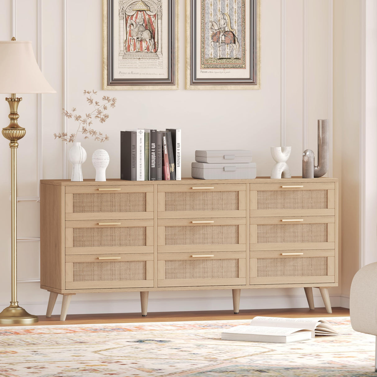 Rovaurx 9 Drawer Double Dresser for Bedroom, Rattan Chest of Dressers, Modern Wooden Dresser Chest with Golden Handles, Beside Table for Closet, Living Room and Entryway, Natural Rovaurx