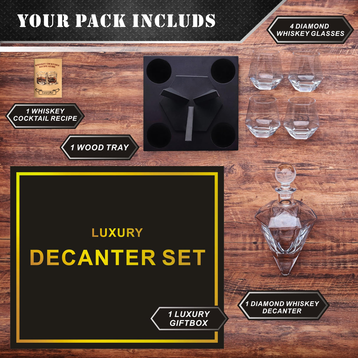 Diamond Whiskey Decanter Set with Glasses,Whiskey Decanter Sets for Men,Whiskey Set Gifts for Men,Bourbon Birthday Gifts for Men Gifts for Dad Gifts for Him Boyfriend Mens Gifts for Chrismas Gifts Men LuxuryBar
