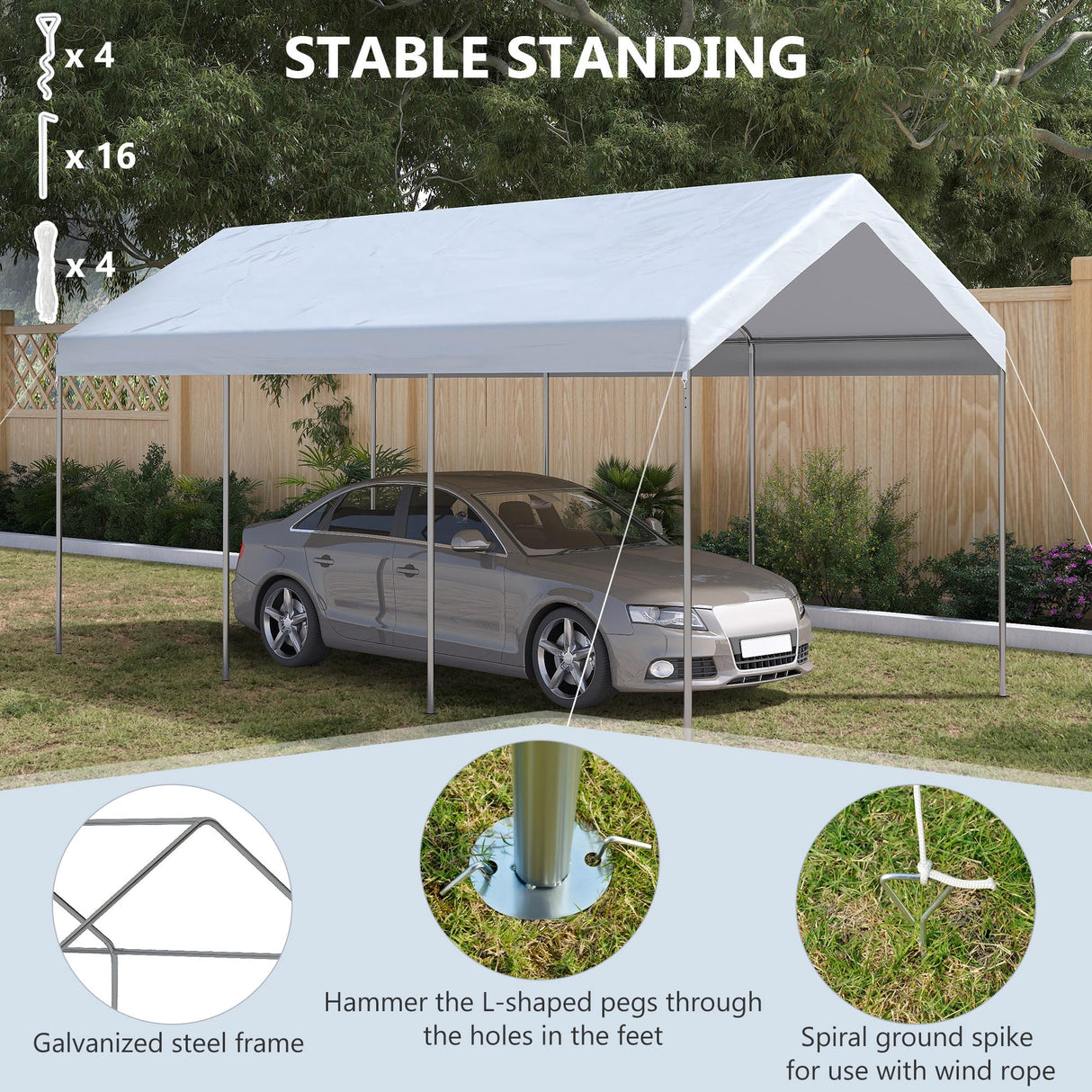 Outsunny 10' x 20' Party Tent and Carport, Height Adjustable Portable Garage, Outdoor Canopy Tent 8 Legs Without Sidewalls for Car, Truck, Boat, Motorcycle, Bike, Garden Tools, White Outsunny