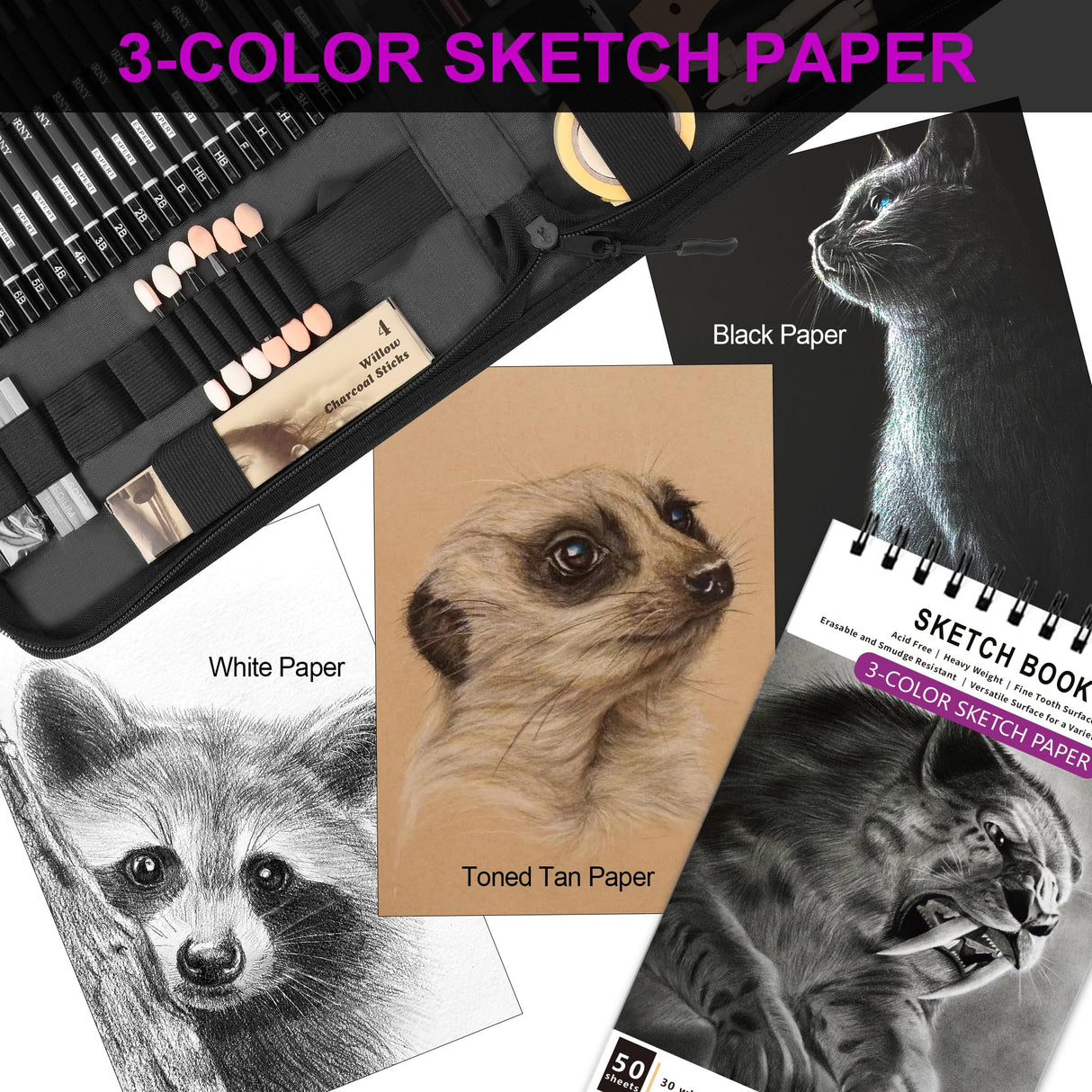 HIFORNY 70 Pcs Drawing Set Sketching Kit - Sketch Pencils Art Supplies for Adults Artists Kids with 3-Color Sketchbook,Graphite,Pastel,Charcoal Pencils,Blending Tools HIFORNY