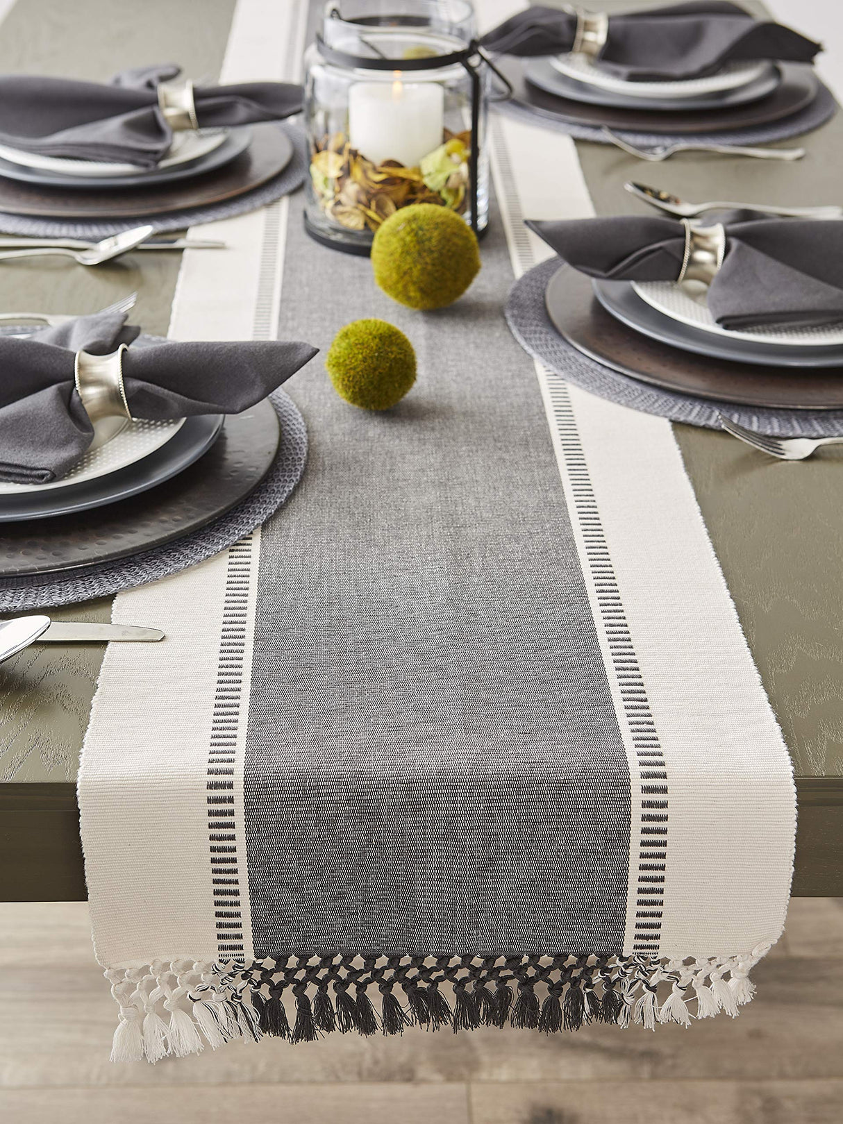DII Dobby Stripe Woven Table Runner, 13x72 (13x77.5, Fringe Included), Mineral Gray DII