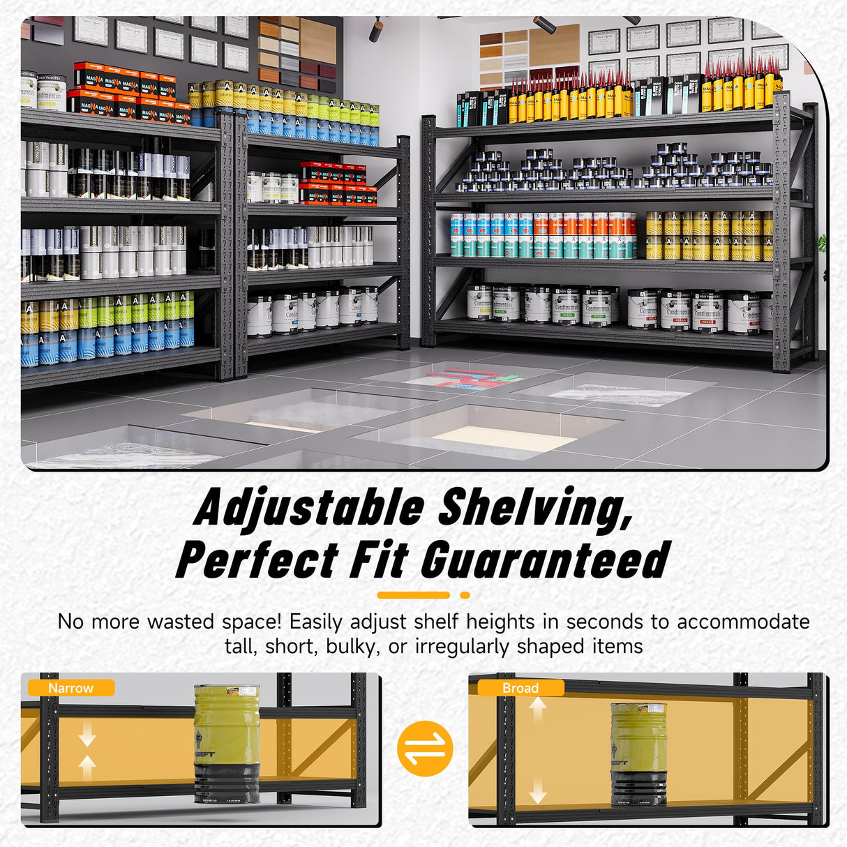 48" Wide Garage Shelving Heavy Duty 4-Tier Adjustable Storage Shelves Unit,3000 LBS Metal Utility Rack Shelf for Industries, Warehouses, Basement,Black (48" W x 24" D x 70" H) heycode