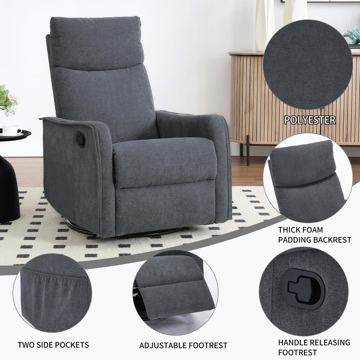 PELUMY Rocker Recliner Chair with Heat Massage - Manual Swivel Recliner for Living Room and Bedroom, 8 Vibration Points, Lumbar Heat, Glider Rocking Chair for Adults (Dark Grey) PELUMY