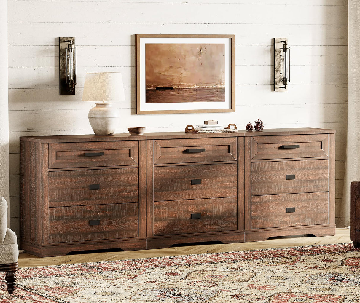 WAMPAT Farmhouse 9 Drawers Dresser for Bedroom,94 inch 3 in 1 Dresser with Small Chest of Drawers,Mid Century Modern Wooden Closet Storage Organizer for Living Room, Hallway, Rustic Brown WAMPAT