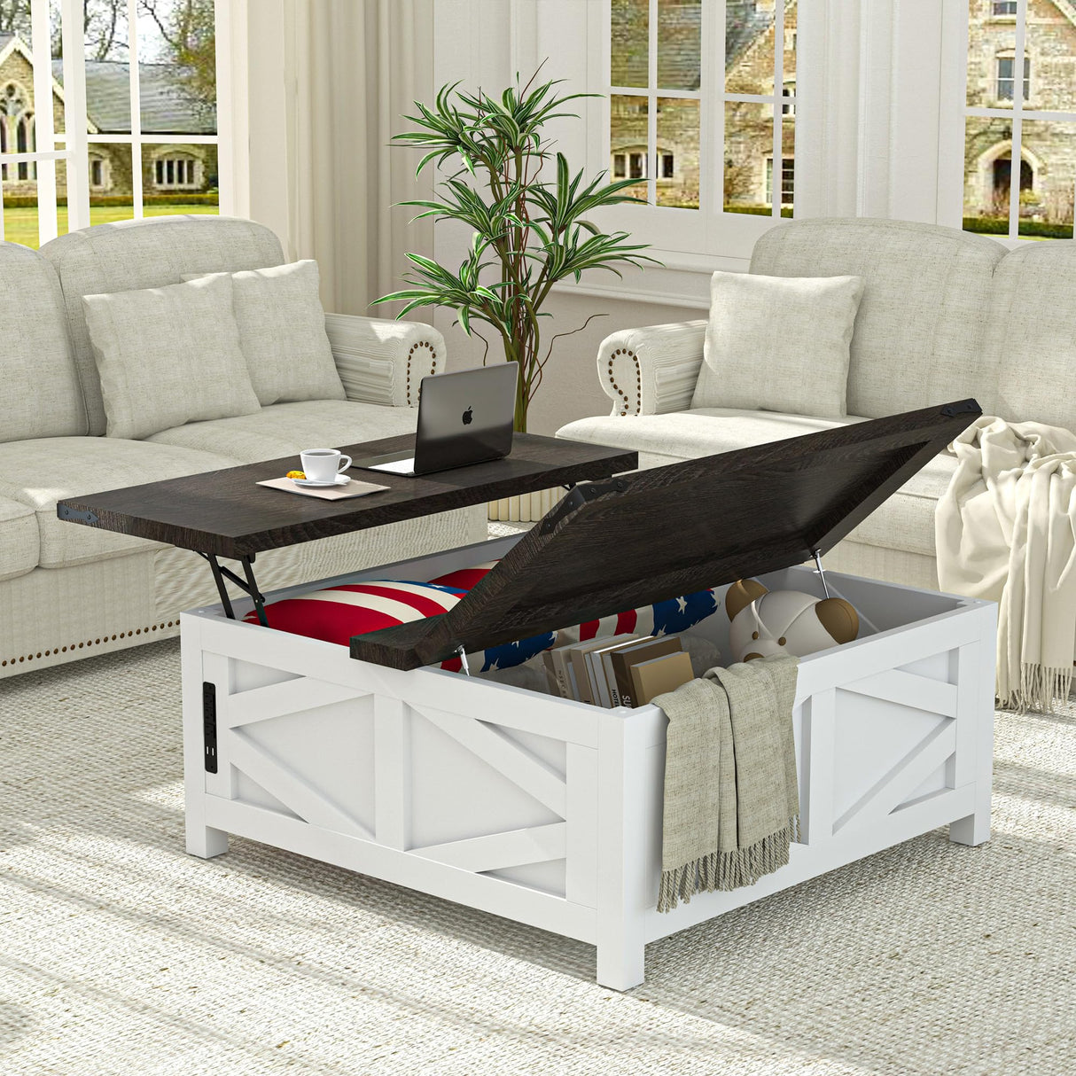 TOLEAD 36" Farmhouse Lift Top Coffee Table with Storage, Square Coffee Table with Charging Station, Living Room Center Table with Large Hidden Space, White TOLEAD