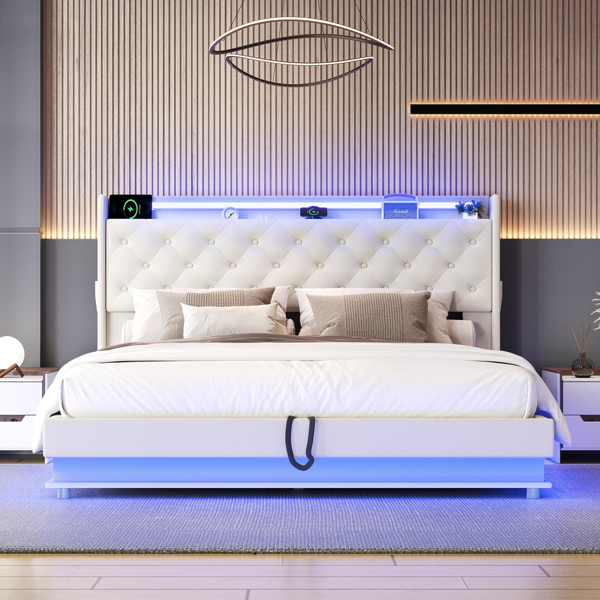 Ailisite Beige Upholstered Queen Bed Frame with LED Lights, Wingback Headboard, and Storage Solution Ailisite