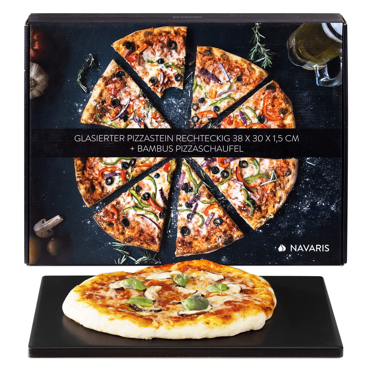 Navaris XL Pizza Stone for Baking - Glazed Square Cordierite Stone Plate for BBQ Grill Oven, Bake Serve Bread - Incl. Recipe Book - 15" x 11.8" x 0.6" Navaris