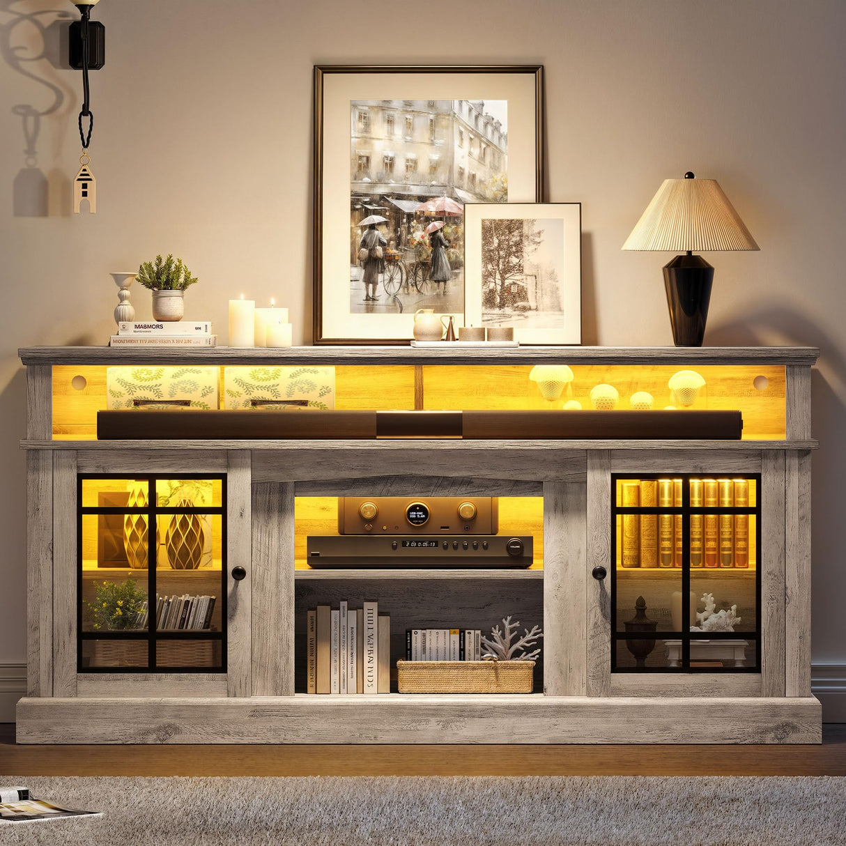 YITAHOME Modern TV Stand for 75 Inch TV, LED Entertainment Center with Adjustable Shelves and Glass Doors, 32'' Tall Television Stands TV Media Console Table for Living Room, Grey Wash YITAHOME