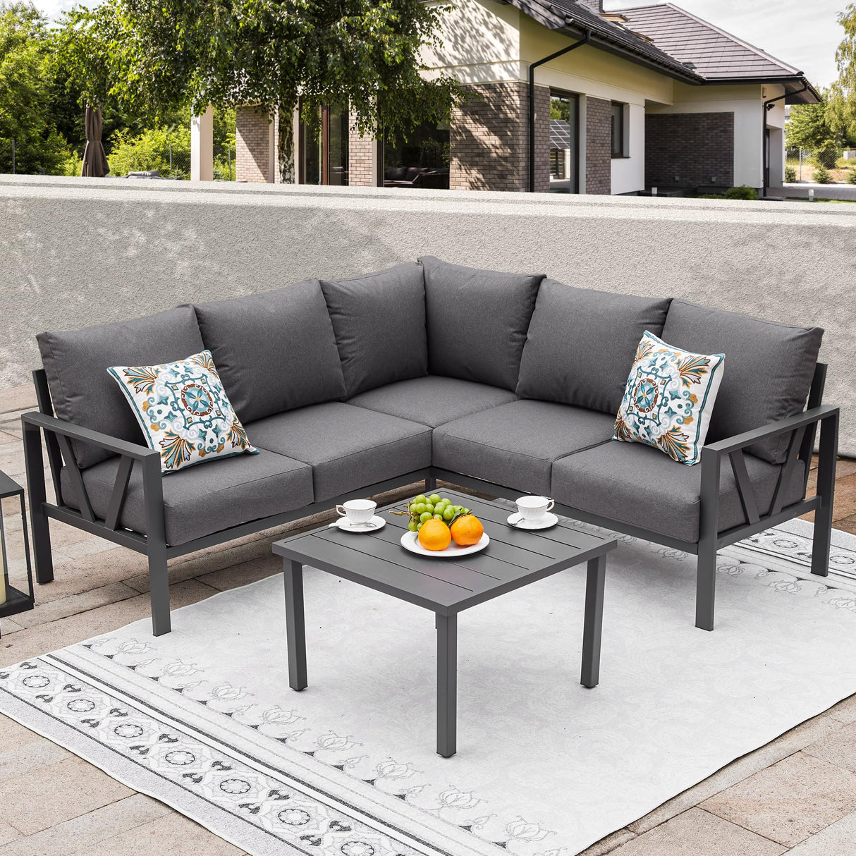 COMLAX FIELD Patio Furniture Set, 6 Pieces Outdoor Couch Sectional, L Shaped Patio Sofa, Metal Patio Couch Sectional with Side Table, Outdoor Seating Conversation Set, Grey COMLAX FIELD