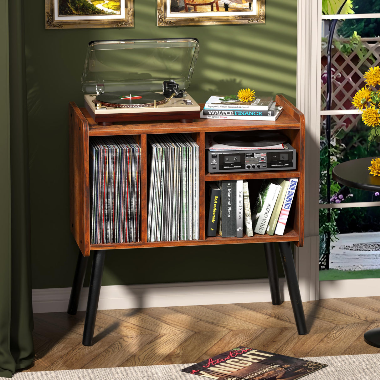 UODERS Record Player Table, Mid-Century Record Player Stand with Vinyl Storage Hold Up to 150+ Albums, Vinyl Record Cabinet with Adjustable Shelves, Wood Turntable Stand for Music Living Room (Brown) UODERS