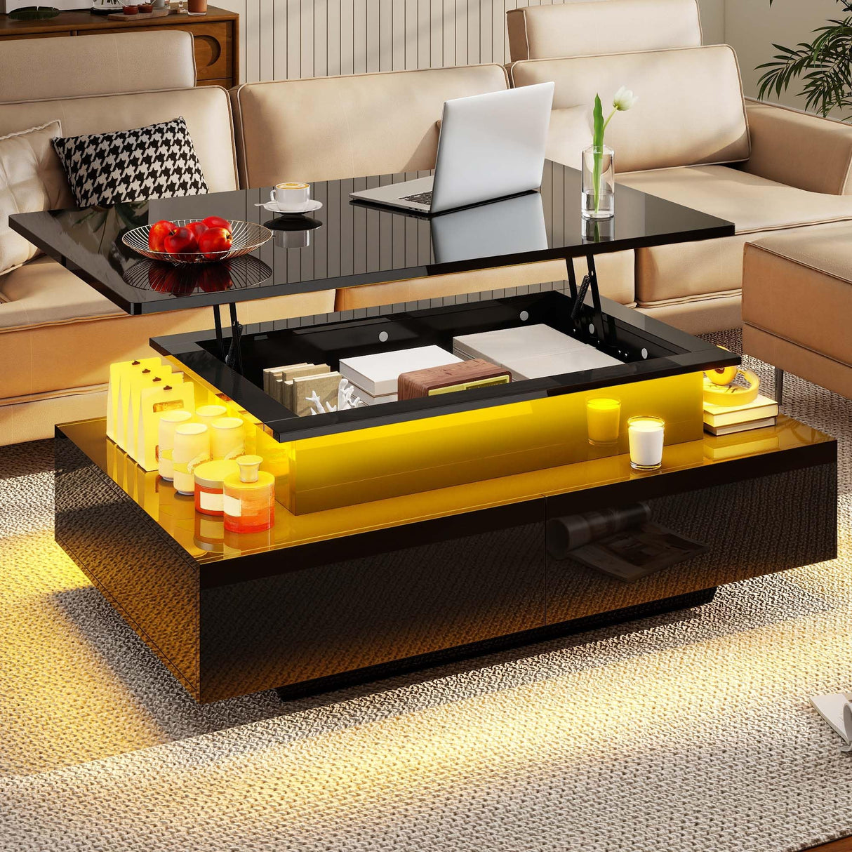 DWVO LED Lift Top Coffee Tables for Living Room, Rectangular Coffee Table with 4 Spacious Drawers, Modern Center Table with Lifting Top for Home Decor, Black DWVO