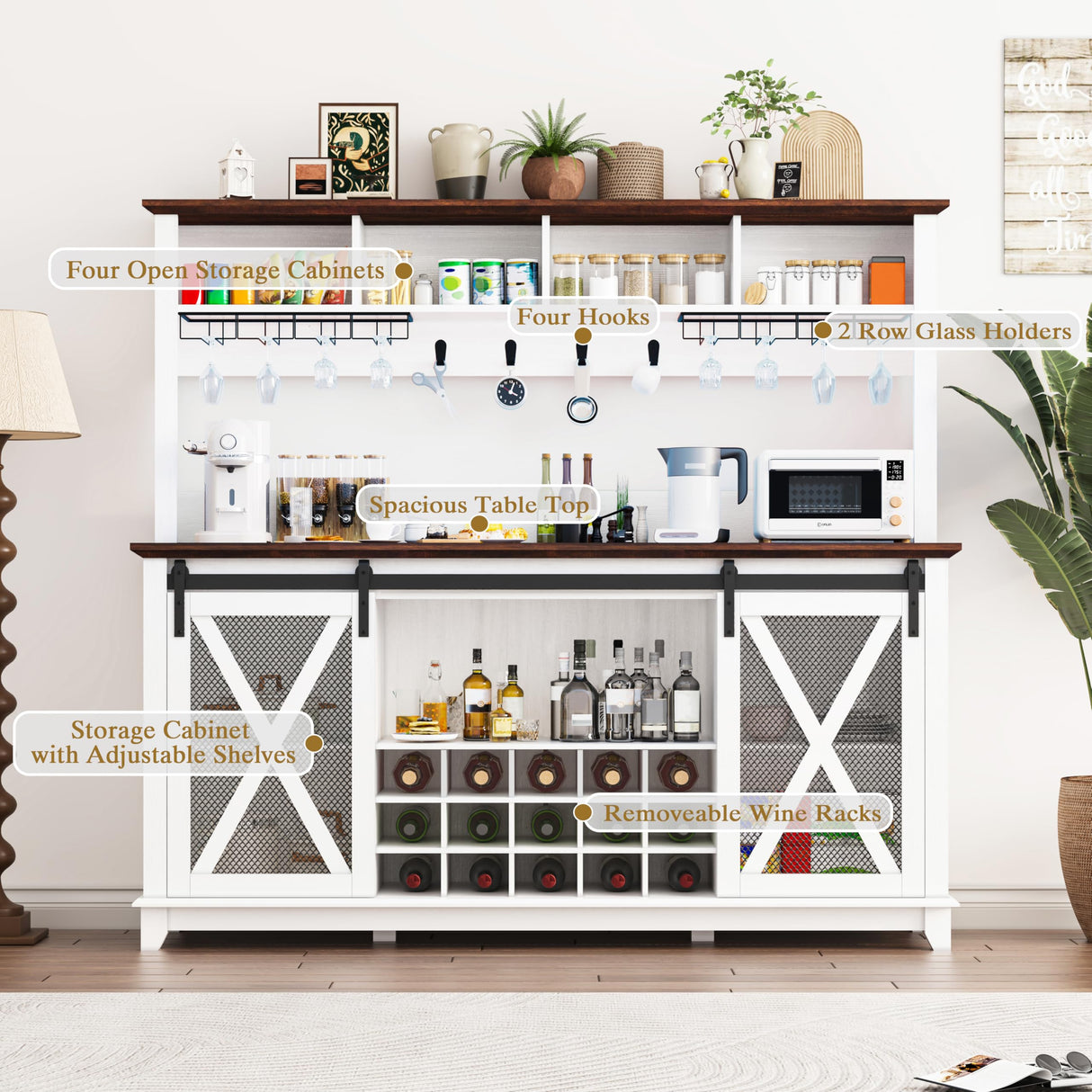 63 Inch Farmhouse Coffee Bar Cabinet with LED Lights, Wine Bar Cabinet with Storage, Kitchen Buffet Hutch with Sliding Barn Door, 15-Bottle Wine Rack, 4 Hooks & Glass Holder, Adjustable Shelves, White CayugaCrekrd