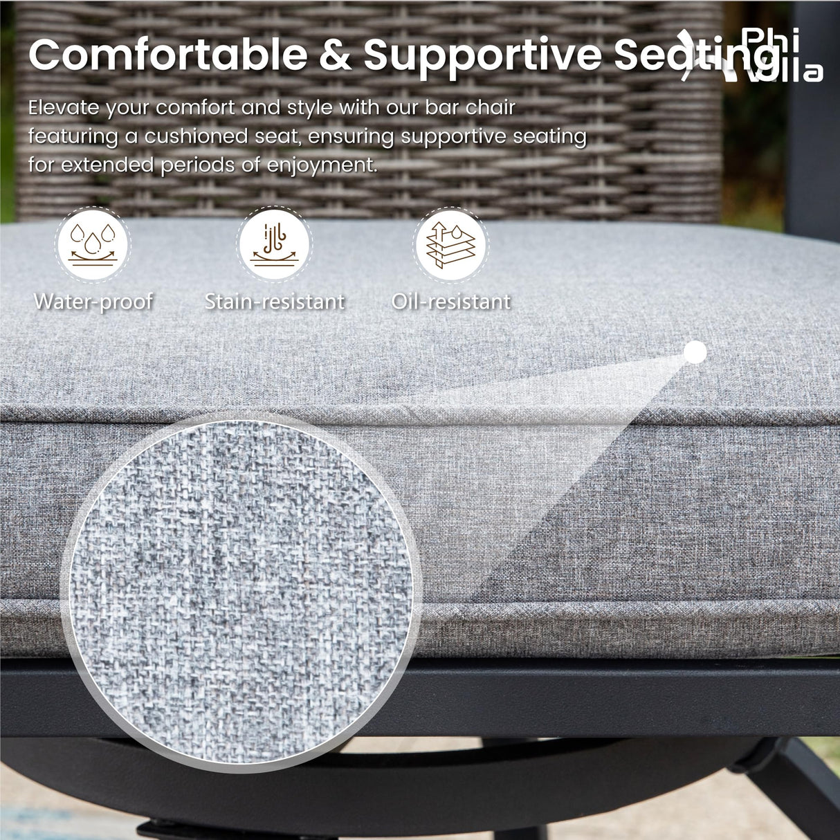 PHI VILLA 5 Piece Outdoor Bar Furniture Set, Counter Height Patio Bar Bistro Table (Square) & Rattan Wicker Bar Stools Chairs with All Weather Cushions for Backyard, Deck and Porch PHI VILLA