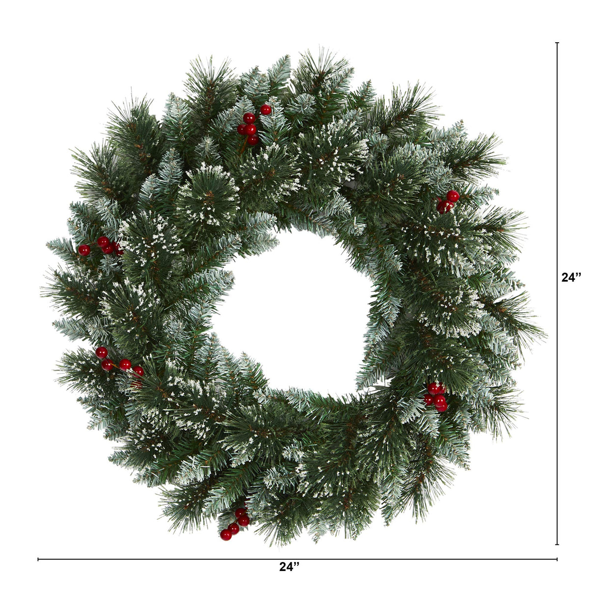 Nearly Natural 24in. Frosted Swiss Pine Artificial Wreath with 35 Clear LED Lights and Berries, Green, 5x24x24 Nearly Natural