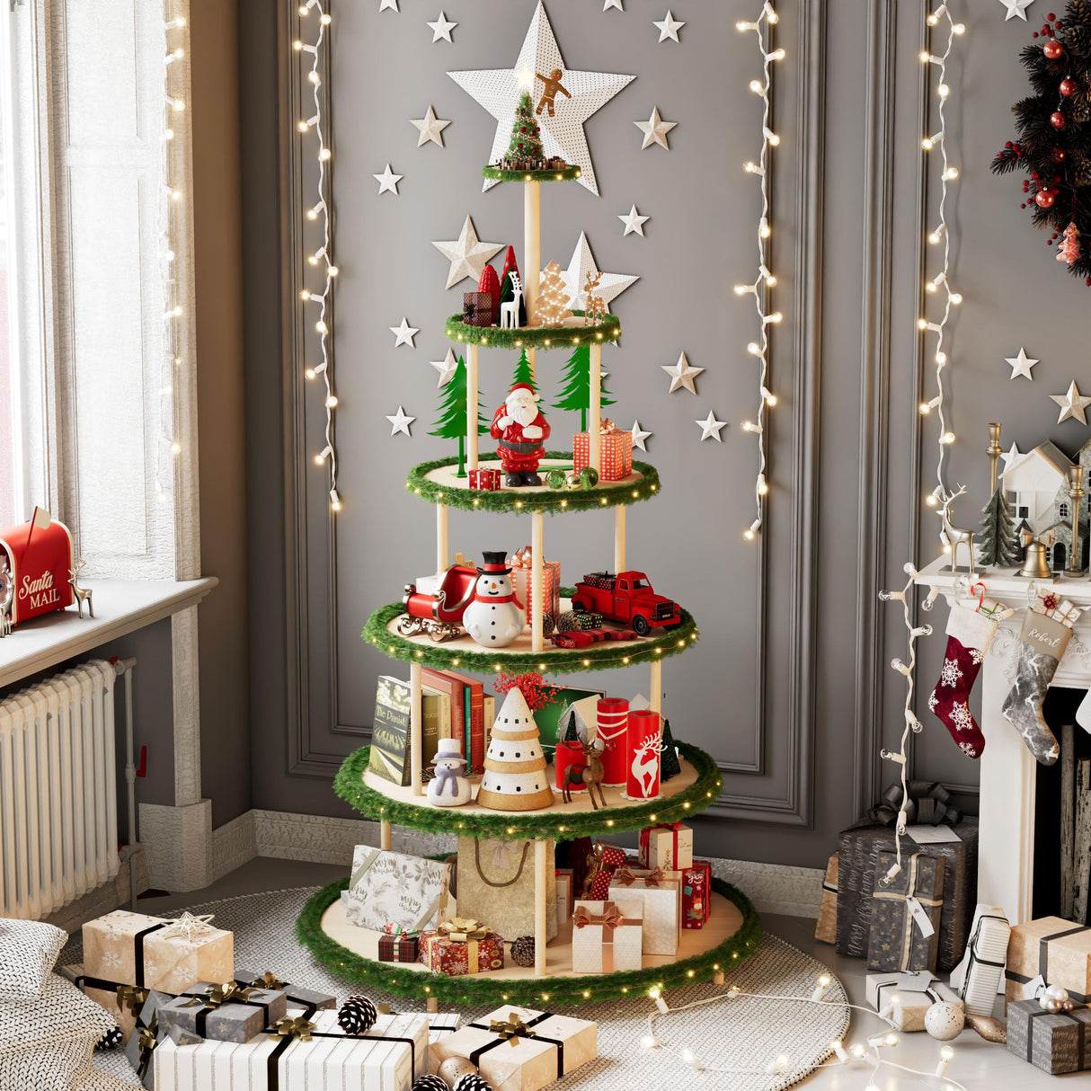 Annzoe 6-Tier 72-Inch Christmas Village Display Stand - Wooden Tree-Style Bookshelf for Holiday Ornaments, Easy Assembly No-Tools-Needed Holder Annzoe