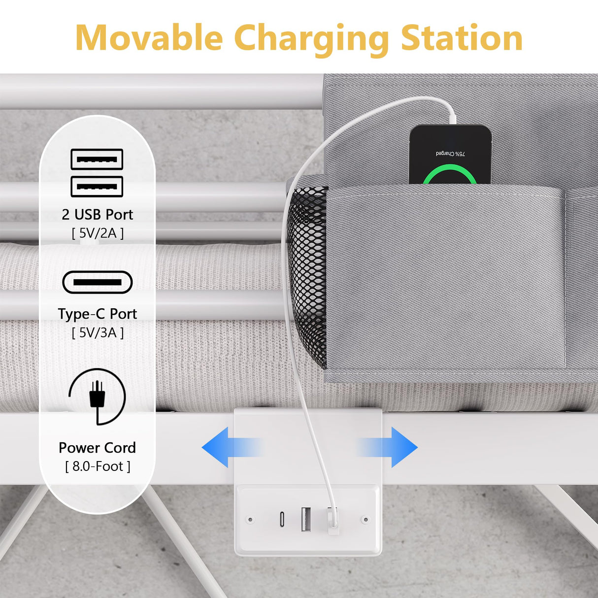 Twin Size Loft Bed with LED Lights and Charging Station, Industrial Heavy Duty Metal Loft Bed Frame with Ladder and Guardrail for Kids Adults, Small Space Saving Design for Bedroom Dorm, White Jocoevol