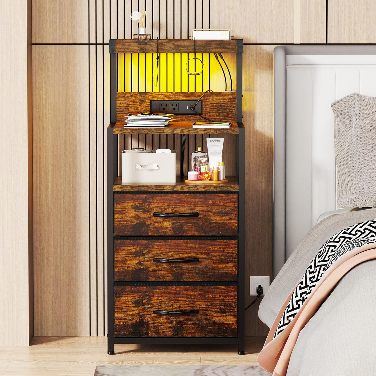 SZLHANJZ Nightstand, Dresser Nightstand with Charging Station, 3 Drawers Night Stand with Storage and LED Lights, 3 Shelves and Hooks, End Side Table for Bedroom, Rustic Brown SZLHANJZ