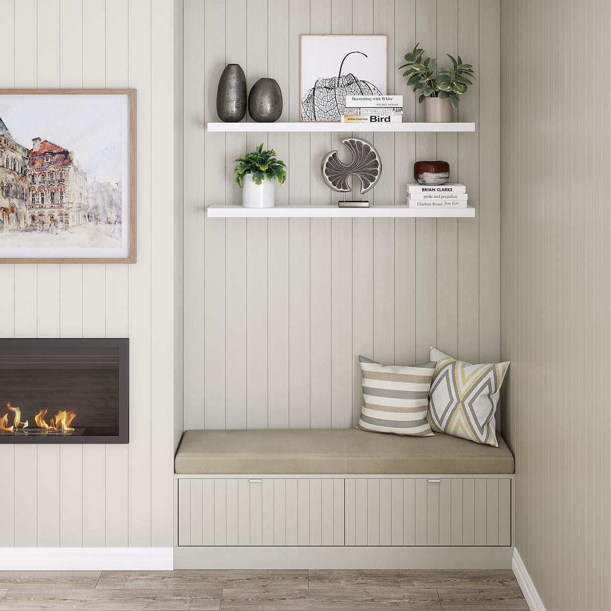 Ballucci Floating Shelves for Wall, 48" Wood Wall Shelf Set of 2, with Invisible Brackets for Bathroom, Living Room, Bedroom, Kitchen, Nursery, 8" Deep, White Ballucci