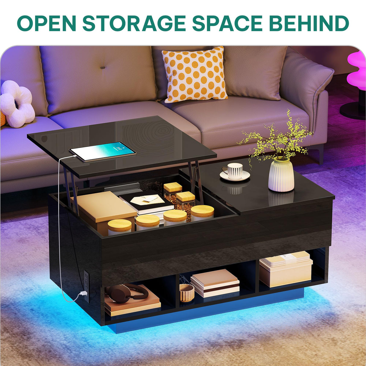 YITAHOME LED Lift Top Coffee Tables for Living Room with Power Outlets Charging Station, Modern Coffee Table with Storage 2 Drawers & Open Shelfs Rectangular Small Center Cocktail Table, Glossy Black YITAHOME
