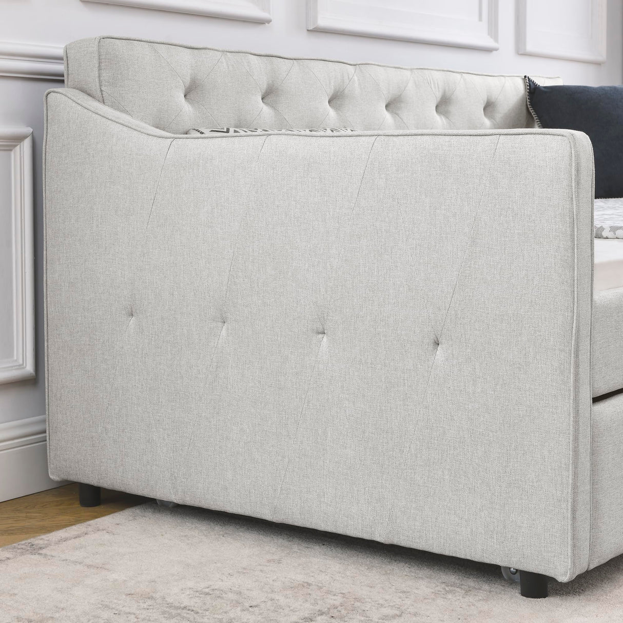 SLEERWAY Daybed with Trundle, Linen Upholstered Tufted Twin Size Day Bed Pull-Point Sofa Daybed Frame with Twin Roll-Out Trundle, No Box Spring Needed, Furniture for Bedroom, Living Room, Beige SLEERWAY