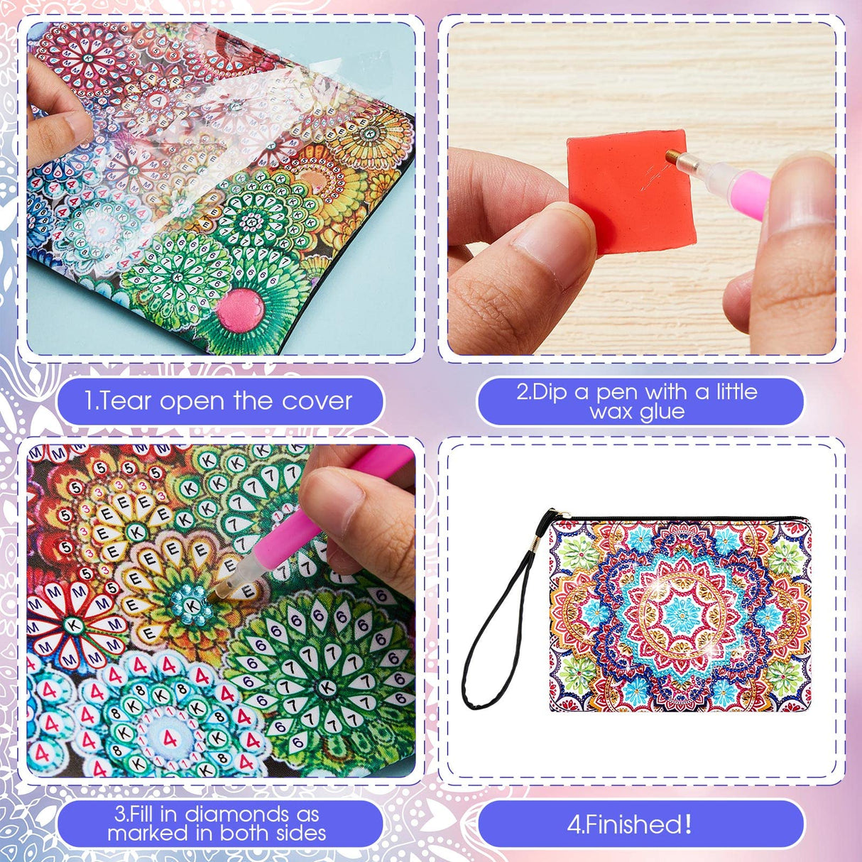 Geyoga 4 Pcs Mandala Diamond Painting Handbag Elegant 5d DIY Diamond Bags Zipper Special Shaped Handmade Purses for Women Art Craft Gift Geyoga