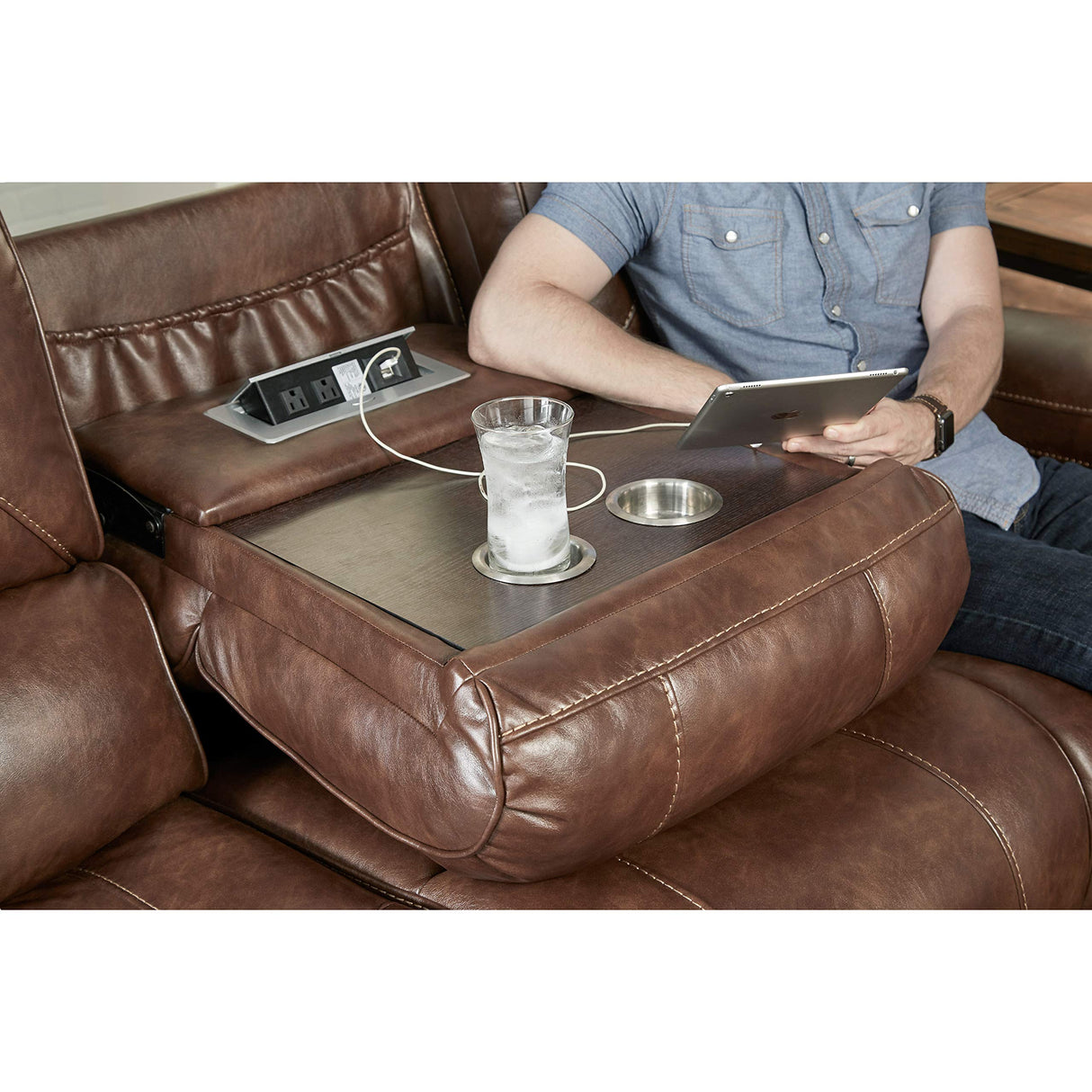 Roundhill Furniture Achern Leather Air Nail head Manual Reclining Sofa with Storage Console, Brown Roundhill Furniture