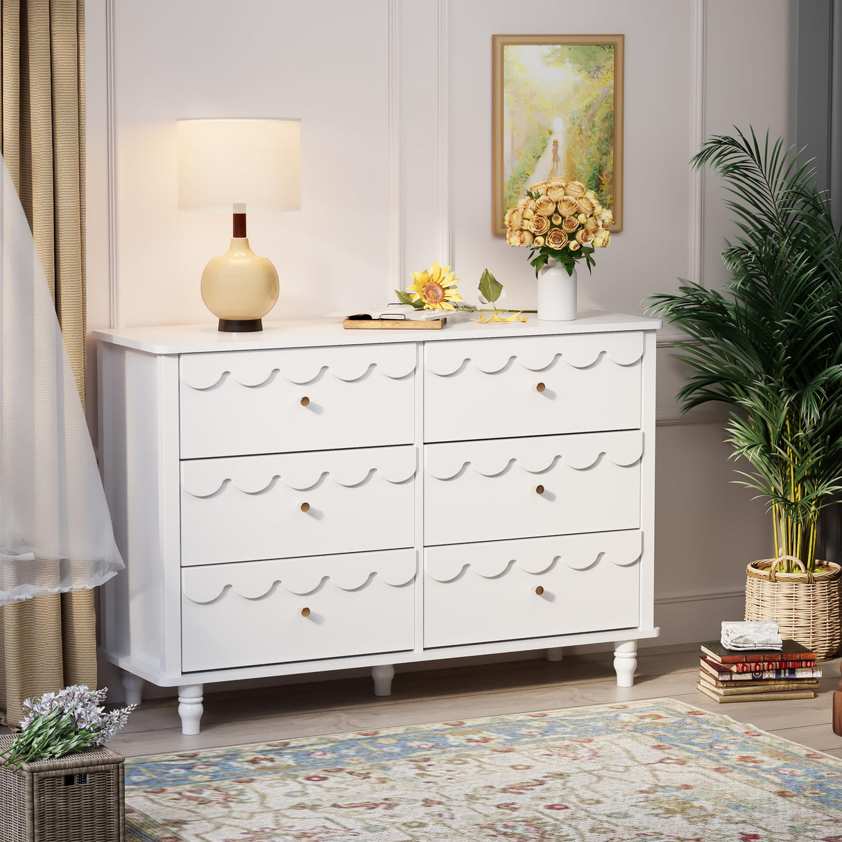 Anbuy 3 Pcs Bedroom Sets, Scalloped 6 Drawer Dresser and Night Stand Sets for Bedroom, Two Drawers Nightstand Set of 2 & 6 Drawer Dresser Combo 3 Pieces (White)