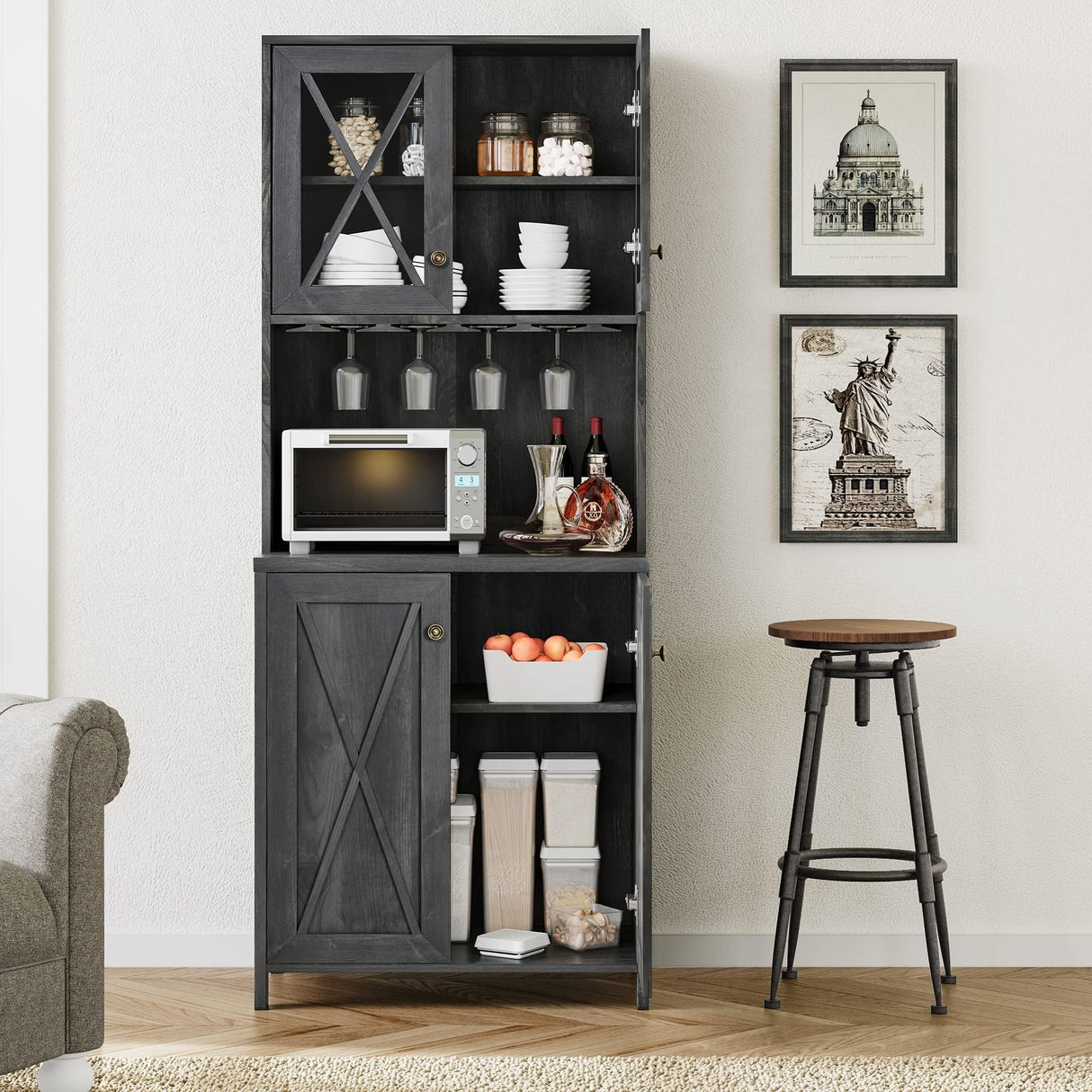 DWVO Farmhouse Kitchen Pantry Cabinet, 67" Tall Storage Cabinet w/Acrylic Glass Doors and Glass Holder, Versatile Storage for Living Room, Dining Room or Hallway, Charcoal Grey DWVO