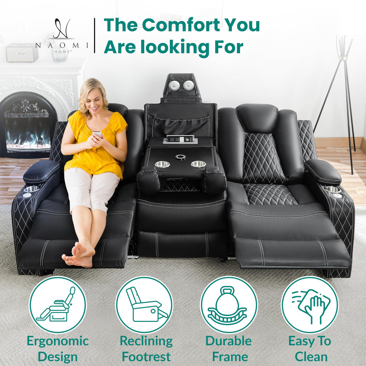 Naomi Home Chicago Sofa Black Air Leather – Premium 3-Seater Reclining Sofa with Console, Cup Holders, USB Ports, Pillow Top Armrests & Split Back Design – Modern Faux Leather Couch for Living Room Naomi Home