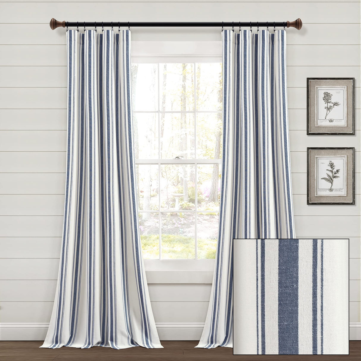 Lush Decor Farmhouse Stripe Yarn Dyed Eco-Friendly Recycled Cotton Window Curtain Panel Pair, 42" W x 95" L, Navy - Classic Modern Rustic Charm - Eco Friendly Cotton Fabric Lush Decor