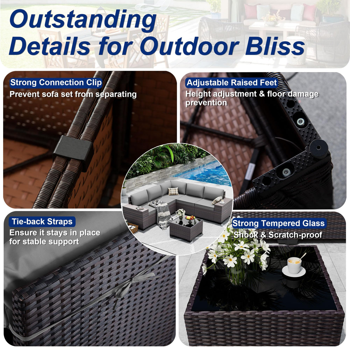 ASJMR Outdoor Patio Furniture Set with Fire Pit Table, 13 Pieces Outdoor Furniture Set Patio Sectional Sofa w/43in Propane Fire Pit, PE Wicker Rattan Patio Conversation Sets - Grey ASJMR