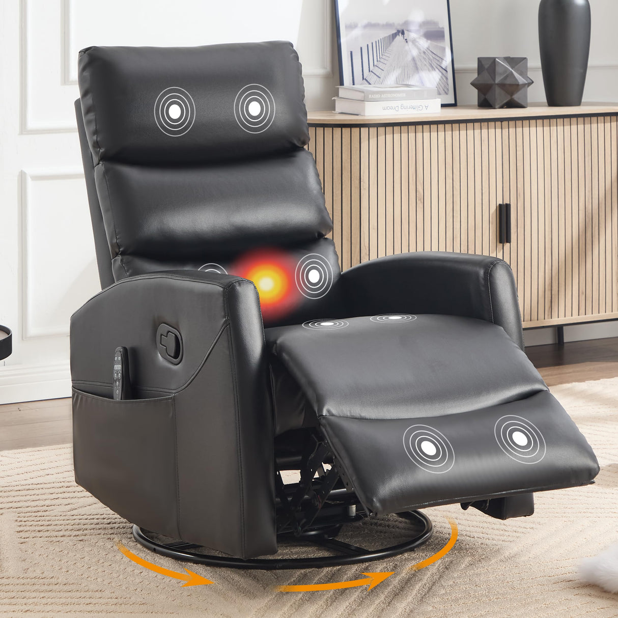 Manual Swivel Rocker Recliner Chair for Adults, Overstuffed Reclining Glider Chair for Nursing with Vibration Massage & Heat, Living Room Rocking Recliner 3-Stage backrest, Faux Leather Black EZZUP