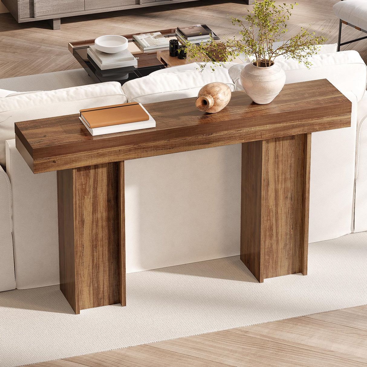 55Inch Farmhouse Console Table,Wooden Rectangular Sofa Table Behind The Couch,Entryway Console Table with Storage for Living Room, Hallway,Entrance (Light Brown) Tarnorci