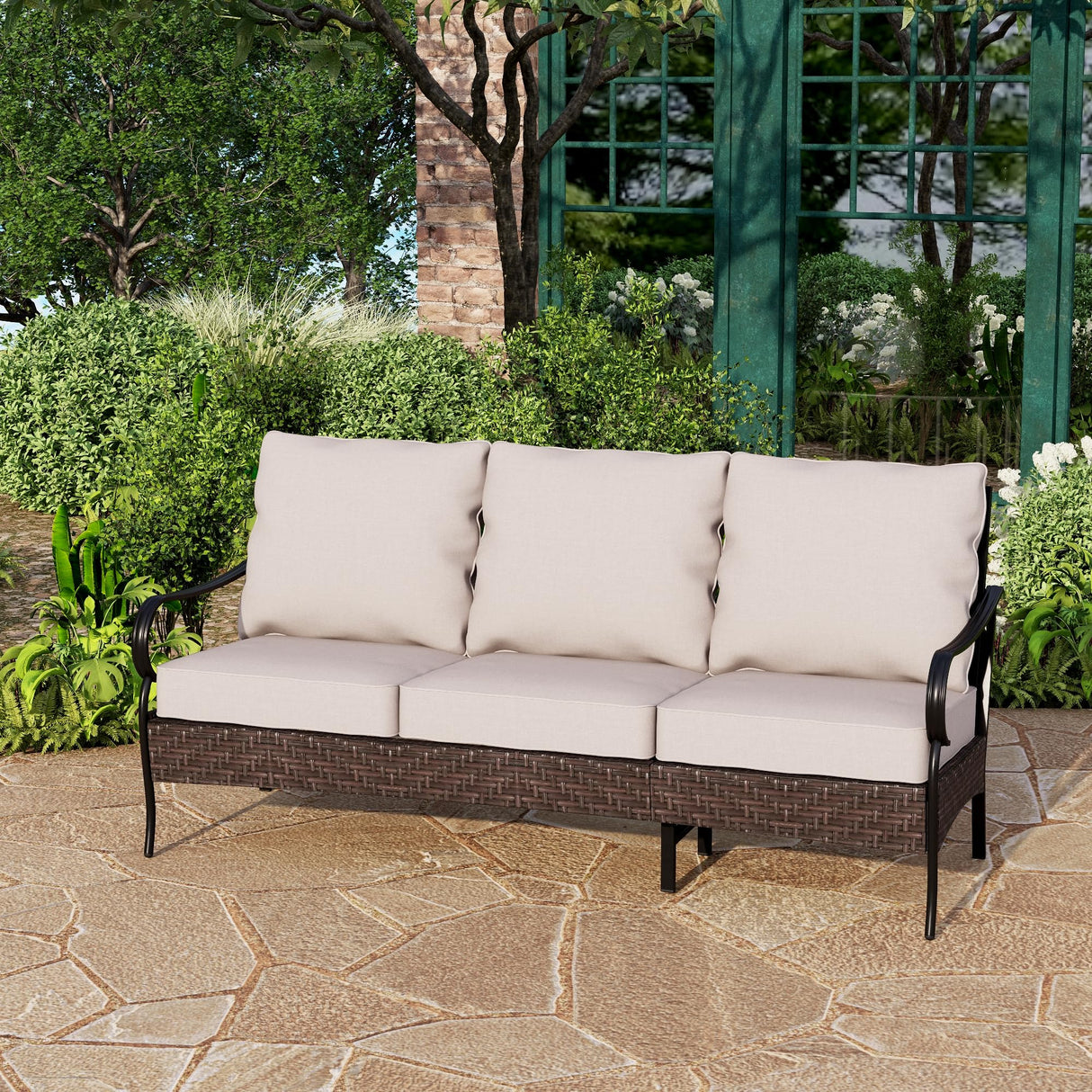 PHI VILLA Wicker & Metal Outdoor Patio Couch,3-Seat Patio Sofa with Deep Seating for Front Porch, Deck, Balcony, Backyard, Sunroom PHI VILLA