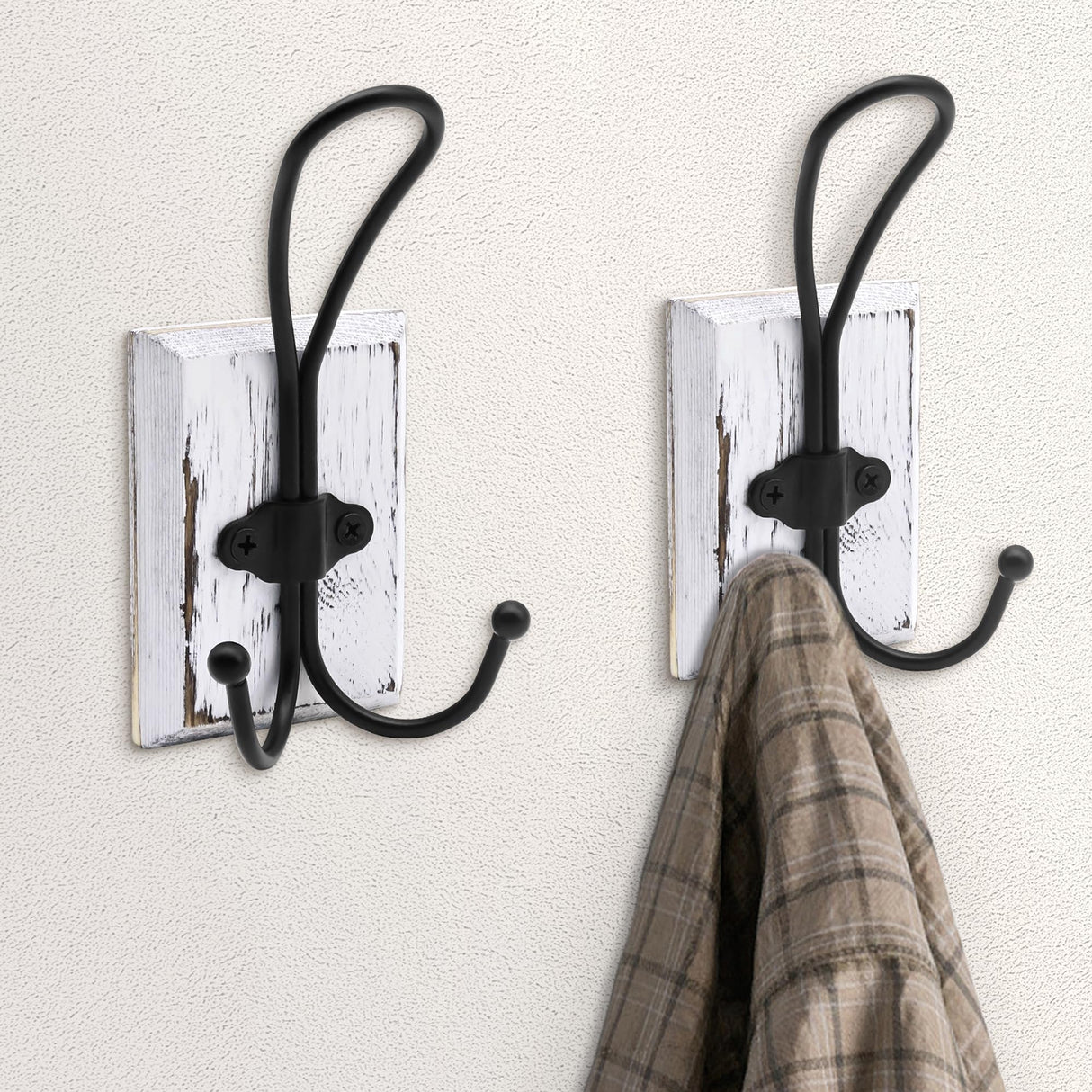 Rzoklot 2-Pack Rustic Wood Wall Hooks - Wall Mounted or Adhesive Coat Rack for Bathroom Towels Robes - Farmhouse Modern Decorative Entryway Hangers for Hats Keys Purses Bags, White Rzoklot