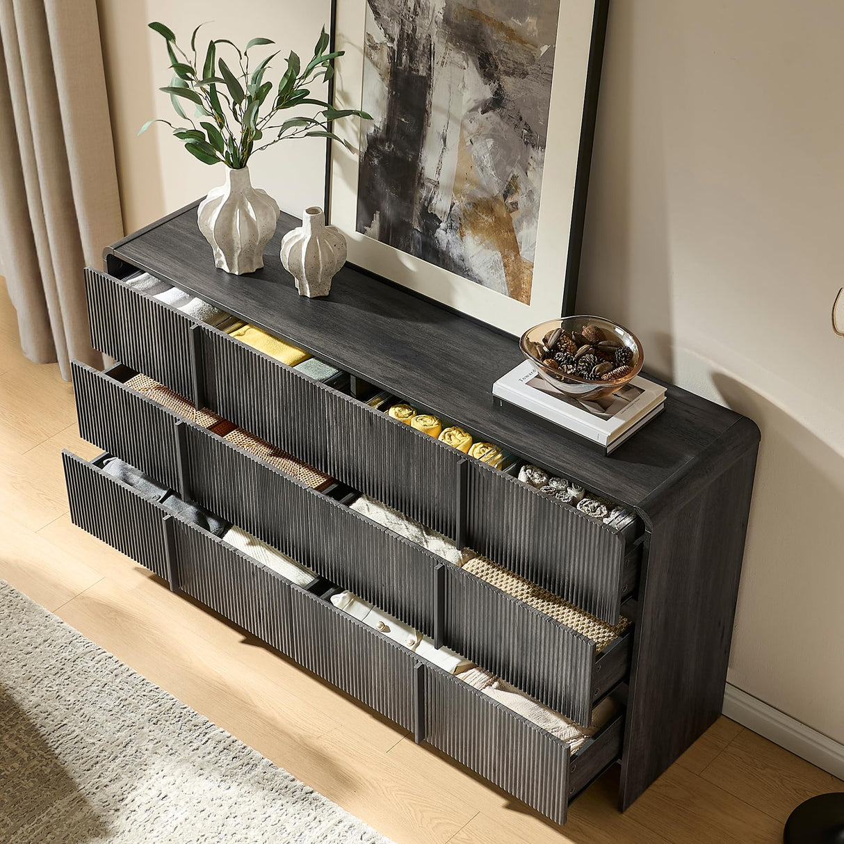 AMERLIFE 63" Fluted 6 Drawer Dresser, Long Modern Chest of Storage Drawers with Pine Handles, Rounded Corners & Anti-Tip Design, Wood Closet Organizer for Bedroom, Living Room, Nursery, Black AMERLIFE