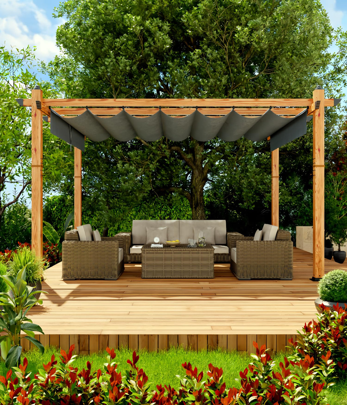 10' X 13' Outdoor Pergola with Retractable Canopy Aluminum Pergola Faux Wood Metal Pergolas Gazebo for Backyard, Deck, Patio, Garden Porch Beach Sun Shade Pavilion Grape Trellis Grill, Gray Hipicute