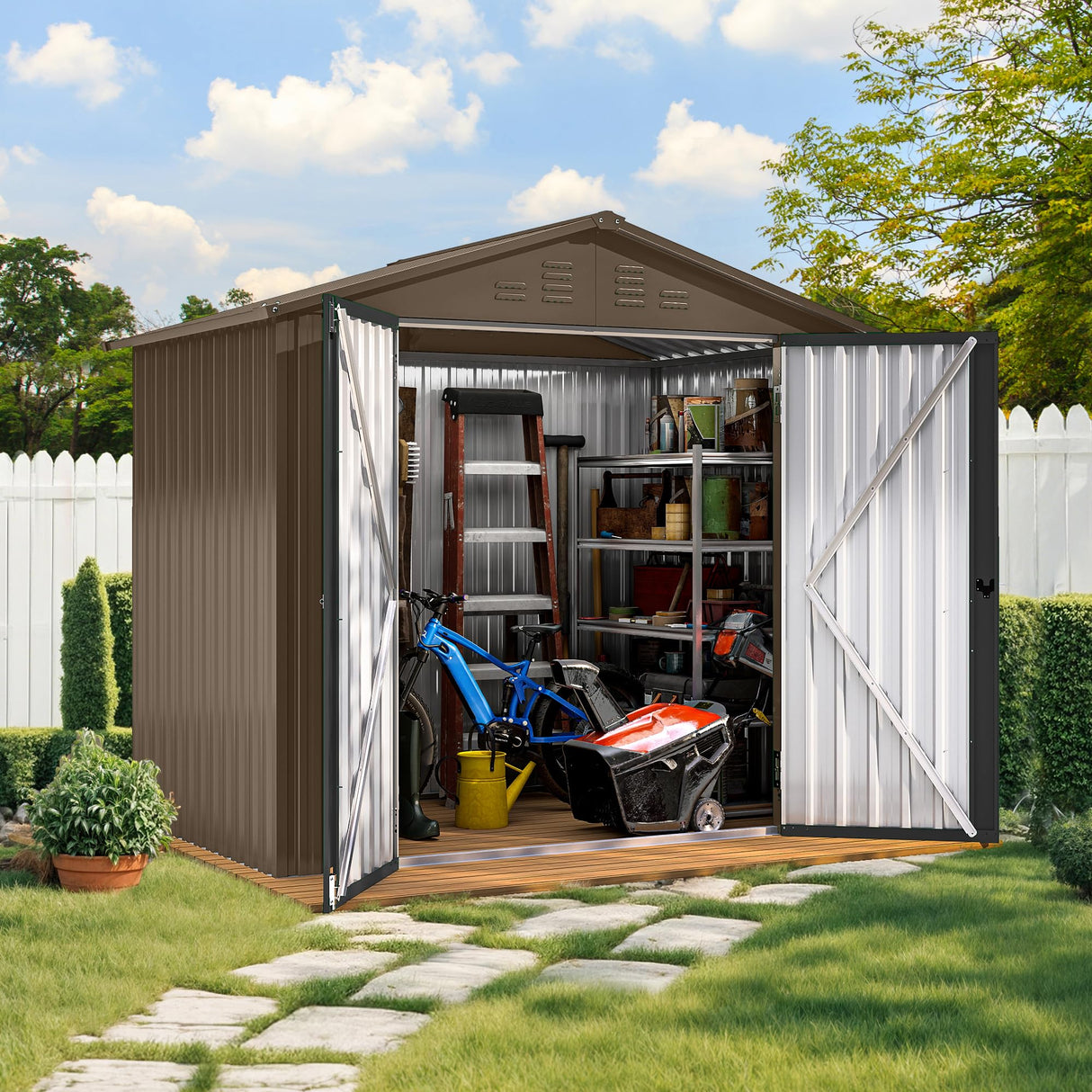 GOOBED 6x4FT Garden Storage Shed with Lockable Door and Vents, Metal Outdoor Tool Shed for Patio Lawn, and Backyard, Ideal for Storing Bikes, Trash Bins, Tools and Equipment, Brown GOOBED