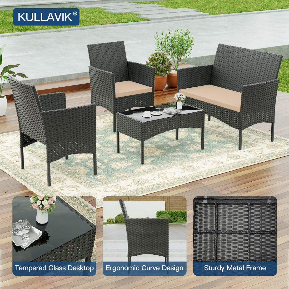 Kullavik 4 Pieces Outdoor Patio Furniture Set,PE Wicker Rattan Chairs Garden Conversation Sets with Tempered Glass Table and Soft Cushions for Lawn,Pool or Backyard,Sand Kullavik