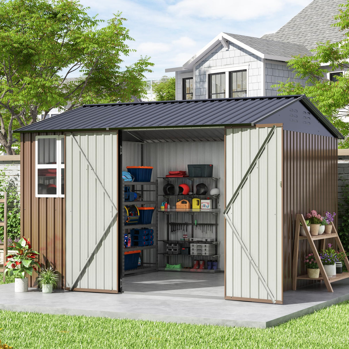 HOGYME 10x10 FT Outdoor Storage Shed, Large Metal Tool Sheds with Updated Frame Structure and Lockable Doors, Garden Shed for Backyard Garden Patio Lawn, Brown HOGYME