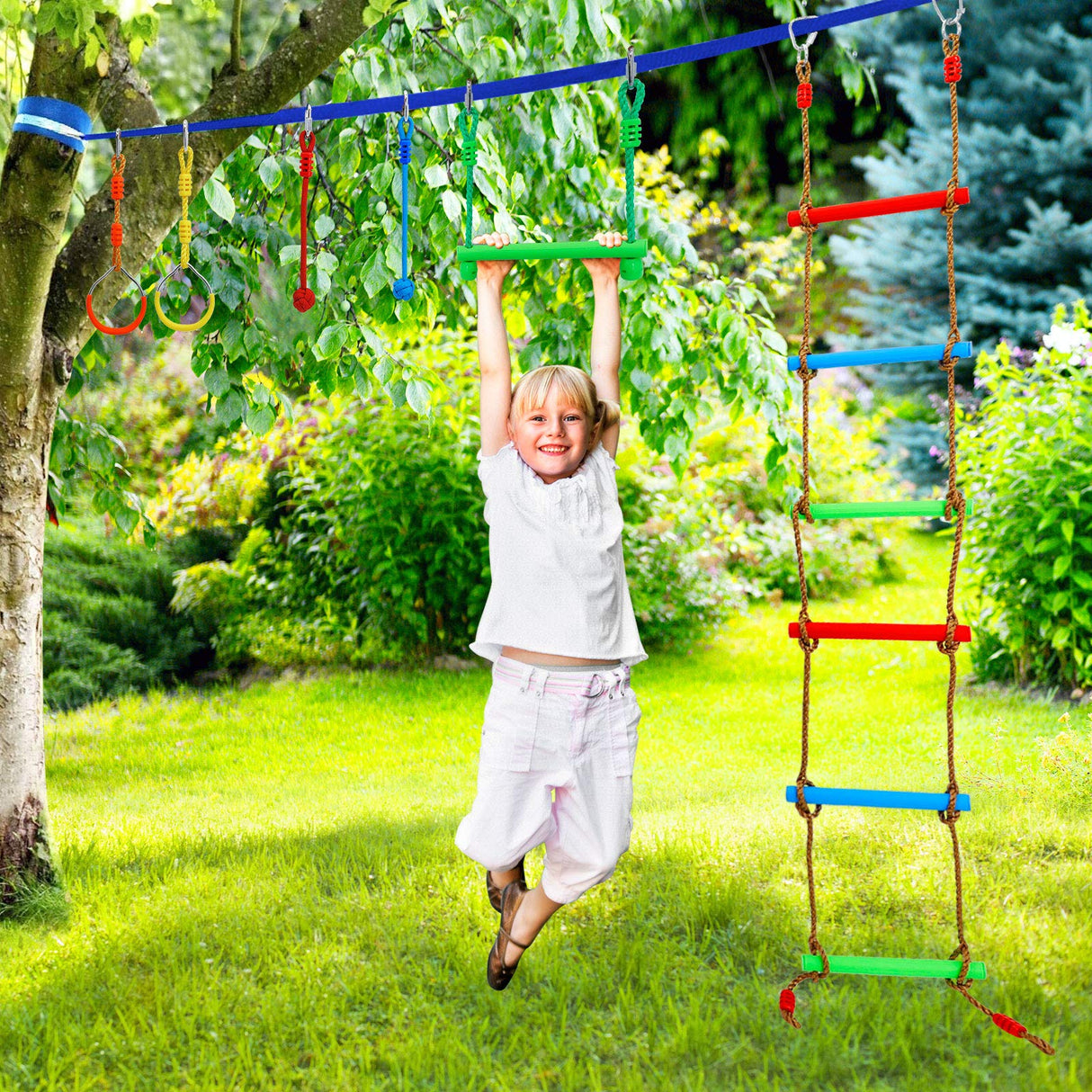 Kawuneeche Ninja Warrior Obstacle Course Kit for Kids Ninja Slackline with 10 Accessories Monkey Bars, Ladder, Climbing Rope, Gym Rings, Swing, Monkey Fist for Backyard Training Equipment Kawuneeche