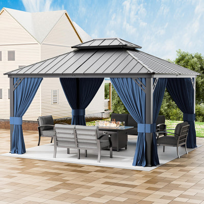RTDTD 12’x14’ Hardtop Gazebo Outdoor Aluminum Frame Permanent Gazebo Galvanized Steel Double Roof Pergola with Nettings and Curtains for Patio, Lawns,Backyard, Deck(Navy)