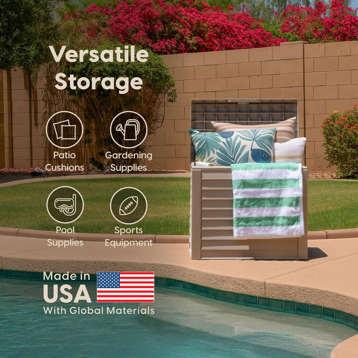 IRIS USA 35-Gallon Outdoor Deck Delivery Storage Box, Lockable & UV-Protected, Weather-Resistant Patio Storage for Cushions, Garden Tools & Packages, Waterproof Resin, Durable & Stylish Design - Beige IRIS