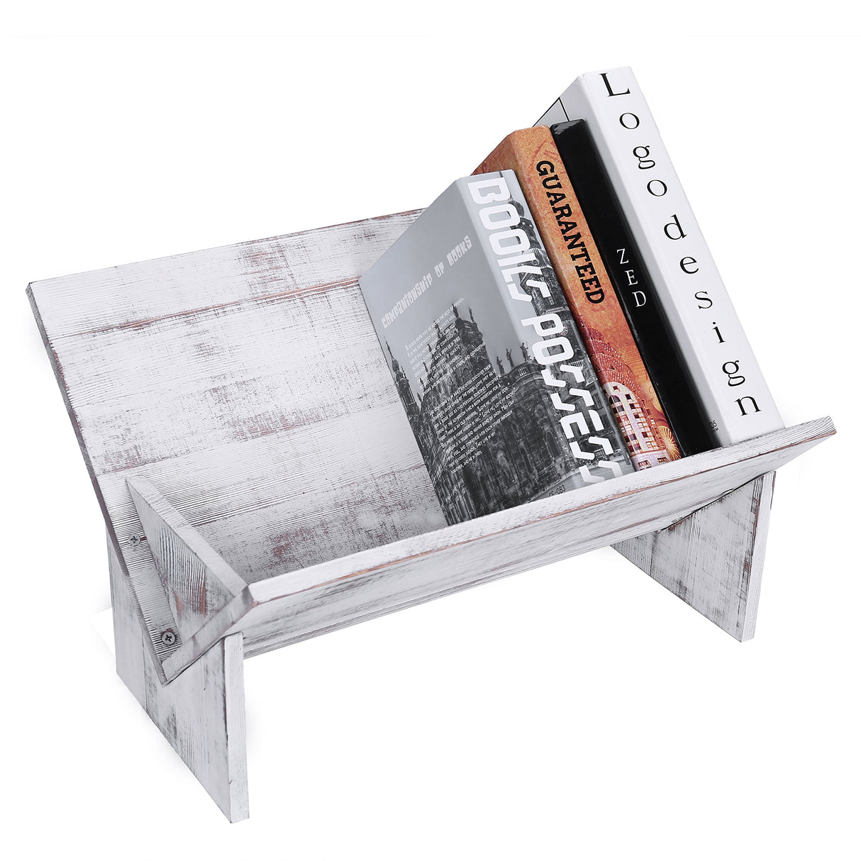 MyGift Shabby Whitewashed Wood Bookcase with Tilted Design, Decorative Storage Organizer Display Bookshelf MyGift