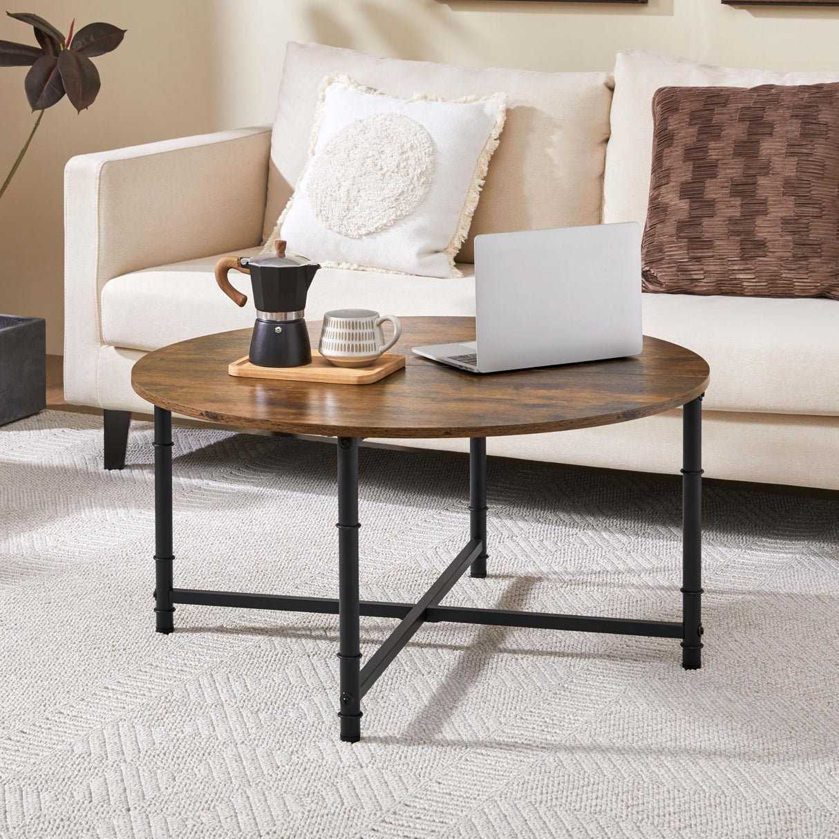 Yaheetech Round Coffee Table, Small Coffee Table for Living Room, Rustic Wood Circle Modern Center Table with Sturdy Metal Legs, Easy to Assemble, 35.5 x 18 Inches Yaheetech