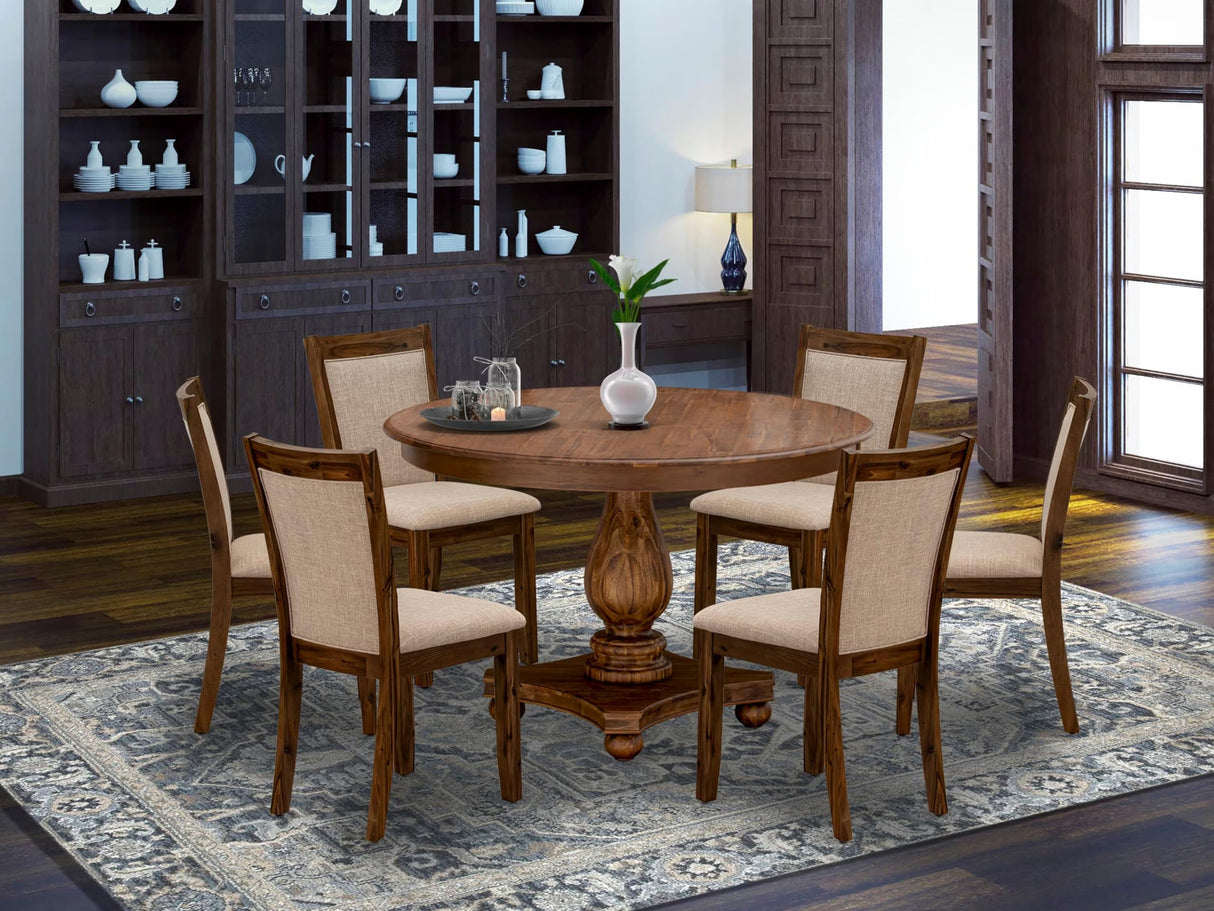 East West Furniture F2MZ7-N04 7 Piece Dining Room Furniture Set Consist of a Round Dining Table with Pedestal and 6 Light Tan Linen Fabric Upholstered Chairs, 48x48 Inch, Antique Walnut East West Furniture